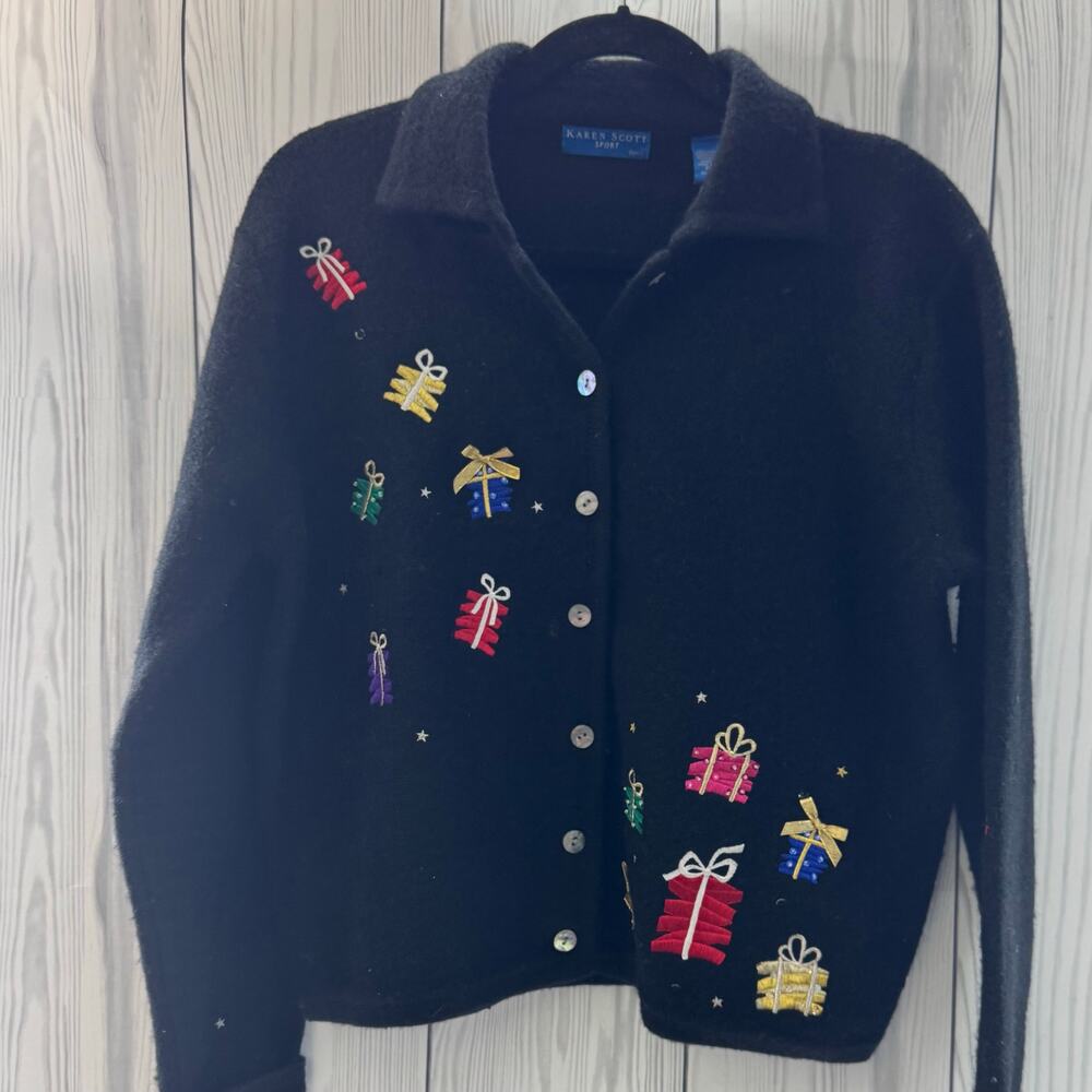Vintage Black Wool Christmas Sweater Karen Scott Women's Pet Large Embellished